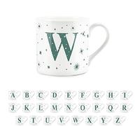 Purely Home Letter W Star Mug - Bone China White Coffee/Tea Present Gift - Alphabet Letter Mug with Stars in Teal Green Blue