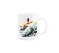 Purely Home Lighthouse Coast Seaside Mug - Painted Watercolour Choppy Seas Lighthouse Scene Maritime Sailor Gift Present - Tea Coffee White Bone China Mug