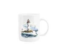 Purely Home Lighthouse Coast Seaside Mug - Painted Watercolour Crashing Waves Lighthouse Scene Maritime Sailor Gift Present - Tea Coffee White Bone China Mug