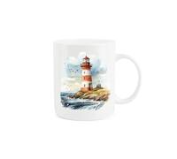 Purely Home Lighthouse Coast Seaside Mug - Painted Watercolour Rough Waters Lighthouse Scene Maritime Sailor Gift Present - Tea Coffee White Bone China Mug