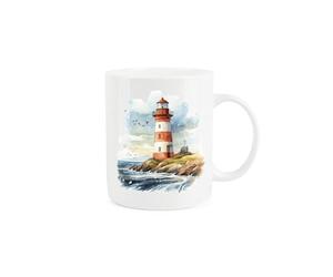 Purely Home Lighthouse Coast Seaside Mug - Painted Watercolour Rough Waters Lighthouse Scene Maritime Sailor Gift Present - Tea Coffee White Bone China Mug