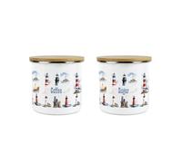 Purely Home Lighthouses Kitchen Storage Canister Set - Coastal Maritime White Coffee Sugar Metal Enamel Medium Sized Kitchen Food Hot Drinks Storage Container Set of 2