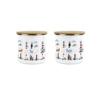 Purely Home Lighthouses Kitchen Storage Canister Set - Coastal Maritime White Tea Sugar Metal Enamel Medium Sized Kitchen Food Hot Drinks Storage Container Set of 2