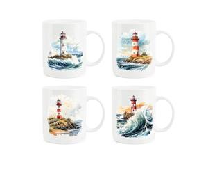 Purely Home Lighthouses Mugs Set - Painted Watercolour Coastal Seaside Lighthouse Scene Maritime Gift Set - White Tea Coffee Drinks Bone China Mug Present Pack of 4