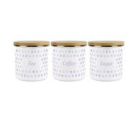 Purely Home Lilac Polka Dots Spots Set Of 3 Canisters Tea Coffee Sugar - White Metal Enamel Kitchen Food Storage Container