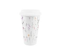 Purely Home Line Flowers Ceramic Travel Mug - Delicate Floral Meadow Reusable Silicone Lid Double-Walled Insulated Hot/cold Drinks Gift Mug