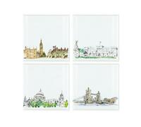 Purely Home London Landmarks Coaster Set - Square Glass Painted Scene Design - Set Of Four (4) Coasters
