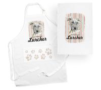 Purely Home Lurcher Apron & Tea Towel Kitchen Set - Portrait Gifts For Dog Lovers - Cooking And Baking Present Linen Sets
