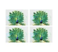 Purely Home Majestic Peacock Glass Placemats Set - Exotic Feathered Bird Table Mats Gift - Tempered Glass Non-Slip Feet 4Pk