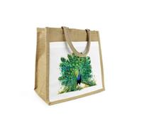 Purely Home Majestic Peacock Jute Shopping Bag - Exotic Bird Gift - Eco Friendly Reusable Shopper Bag with Front Pocket Present/Gift