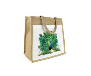 Purely Home Majestic Peacock Jute Shopping Bag - Exotic Bird Gift - Eco Friendly Reusable Shopper Bag with Front Pocket Present/Gift