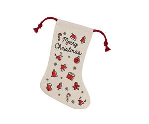 Purely Home Merry Christmas Icons Stocking - Novelty Xmas Gift/classic Décor Linen-Style With Red Drawstring Ties