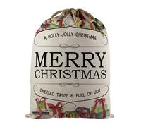 Purely Home Merry Christmas Santa Sack - Large Linen-Style Present Bag For Xmas Gifts With Drawstring Ties