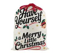 Purely Home Merry Little Christmas Elf Santa Sack - Large Linen-Style Present Bag For Xmas Gifts With Red Drawstring Ties