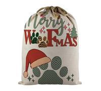 Purely Home Merry Woofmas Dog Santa Sack - Large Linen-Style Pet Present Bag For Xmas Gifts With Drawstring Ties