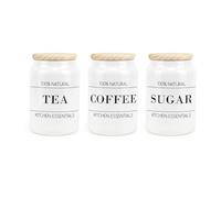 Purely Home Minimalist Ceramic Tea Coffee Sugar Canisters - Simplistic Black & White Kitchen Food Storage Containers & Wooden Lid 600ml (14.5cm x 9.5cm) - Set of 3