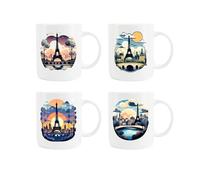 Purely Home Mixed Set of Four Paris Mugs - Eiffel Tower Sticker/Poster Style Gift/Present Cups Set - Tea/Coffee Hot Drinks White Bone China Drinkware