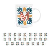 Purely Home Moroccan Tile Orange & Blue Letter M Mug - White Initial Personalised Alphabet Tea Coffee Bone China Mug