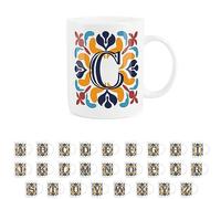 Purely Home Moroccan Tile Red & Navy Blue Letter C Mug - White Initial Personalised Alphabet Tea Coffee Bone China Mug