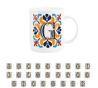 Purely Home Moroccan Tile Red & Navy Blue Letter G Mug - White Initial Personalised Alphabet Tea Coffee Bone China Mug