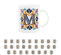 Purely Home Moroccan Tile Red & Navy Blue Letter M Mug - White Initial Personalised Alphabet Tea Coffee Bone China Mug