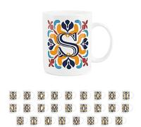 Purely Home Moroccan Tile Red & Navy Blue Letter S Mug - White Initial Personalised Alphabet Tea Coffee Bone China Mug