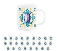 Purely Home Moroccan Tile Yellow & Blue Letter J Mug - White Initial Personalised Alphabet Tea Coffee Bone China Mug