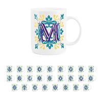 Purely Home Moroccan Tile Yellow & Blue Letter M Mug - White Initial Personalised Alphabet Tea Coffee Bone China Mug