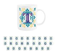 Purely Home Moroccan Tile Yellow & Blue Letter T Mug - White Initial Personalised Alphabet Tea Coffee Bone China Mug