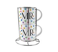 Purely Home Mr & Mr Stacking Mugs Set - Multicolour Polka Dots Lgbtqi Gifts For Couples Ceramic Cups Set Of 2 With Metal Stand