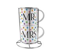 Purely Home Mr & Mrs Stacking Mugs Set - Multicolour Polka Dots Gifts For Couples Ceramic Cups Set Of 2 With Metal Stand