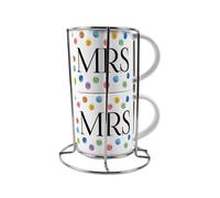 Purely Home Mrs & Mrs Stacking Mugs Set - Multicolour Polka Dots Lgbtqi Gifts For Couples Ceramic Cups Set Of 2 With Metal Stand