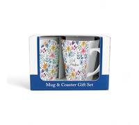 Purely Home Mug & Coaster Gift Set for Great Grandma - Multicolour Flowers Ceramic Latte Cup and Glass Coaster Set - Tea/Coffee Present for Mothers Day