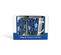 Purely Home Mug & Coaster Gift Set for Mum - Dark Blue Flowers Ceramic Latte Cup and Glass Coaster Set - Tea/Coffee Present for Mothers Day