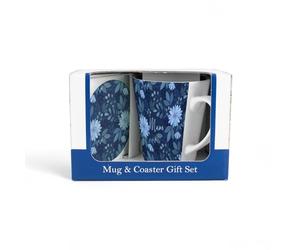 Purely Home Mug & Coaster Gift Set for Mum - Dark Blue Flowers Ceramic Latte Cup and Glass Coaster Set - Tea/Coffee Present for Mothers Day
