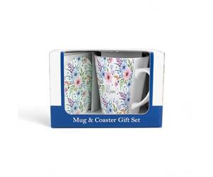 Purely Home Mug & Coaster Gift Set for Mum - Pastel Flowers Ceramic Latte Cup and Glass Coaster Set - Tea/Coffee Present for Mothers Day