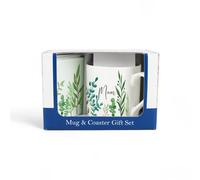 Purely Home Mum Mug & Coaster Gift Set - Green Leaves & Foliage Indoor Plants Bone China Mug And Coaster Set - Present For Mothers Day