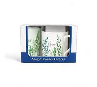 Purely Home Nan Mug & Coaster Gift Set - Green Leaves & Foliage Indoor Plants Bone China Mug and Glass Coaster Set - Tea/Coffee Present for Mothers Day