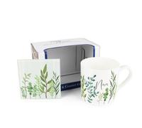 Purely Home Nan Mug & Coaster Gift Set - Green Leaves & Foliage Indoor Plants Bone China Mug And Glass Coaster Set - Tea/coffee Present