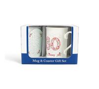 Purely Home Nanny 80th Birthday Mug & Coaster Gift Set - Pink Floral Bone China Cup & Round Glass Coaster Drinkware Present