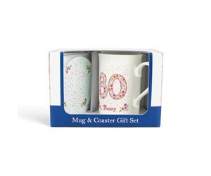 Purely Home Nanny 80th Birthday Mug & Coaster Gift Set - Pink Floral Bone China Cup & Round Glass Coaster Drinkware Present