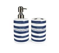 Purely Home Nautical Stripes Bathroom Set - Ceramic Soap Dispenser & Toothbrush Holder