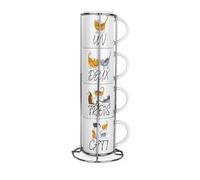 Purely Home Novelty Cats Stacking Mugs Set - Un Deux Trois French Themed Gifts for Cat Lovers, Set of 4 Ceramic Mugs with Metal Stand