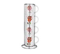Purely Home Novelty Retro Drinks Stacking Mugs Set - Set of 4 Small Ceramic Mugs Gift Set with Metal Stand