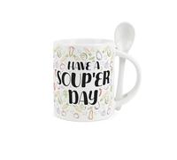 Purely Home Novelty Soup Mug and Spoon Set - Colourful Soup'er Day Gifts for Foodies - Ceramic Hot Drinks Mug with Spoon in Handle