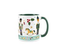 Purely Home Nutcracker, Holly & Rocking Horse Mug - White & Green Christmas Festive Coffee/Tea Gift 11oz