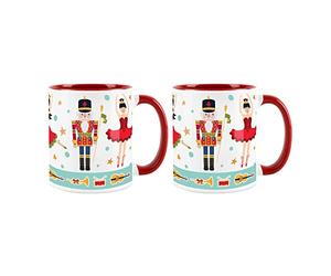 Purely Home Nutcracker & Reindeer Mug - White & Red Christmas Festive Coffee/Tea Gift 11oz - 2 Mug Set