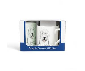 Purely Home Old English Sheepdog Mug & Coaster Gift Set - Lifes Better with an Old English Sheepdog by Rhiannon Chauncey - Bone China Mug and Glass Coaster Set - Tea/Coffee Present for Dog Lovers