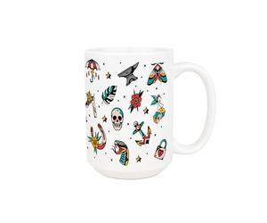 Purely Home Old School Tattoos Mug - Large 500ml Ceramic White Cup Gift