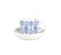 Purely Home Oriental Blue Ink Cup & Saucer Set With Spoon - Blue & White Patterned Ceramic White Mug Coffee/tea Hot Drinks Present Gift
